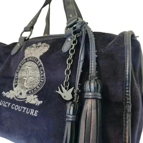 Juicy Couture Velour Pretty Day Satchel Bag Navy Shoulder Y2K Bedazzled Women's - Picture 3 of 16